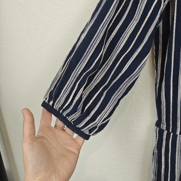 TROVATA Birds Of Paradise Striped 3/4 Sleeves Navy White Cropped Jumpsuit Small - Picture 8 of 15